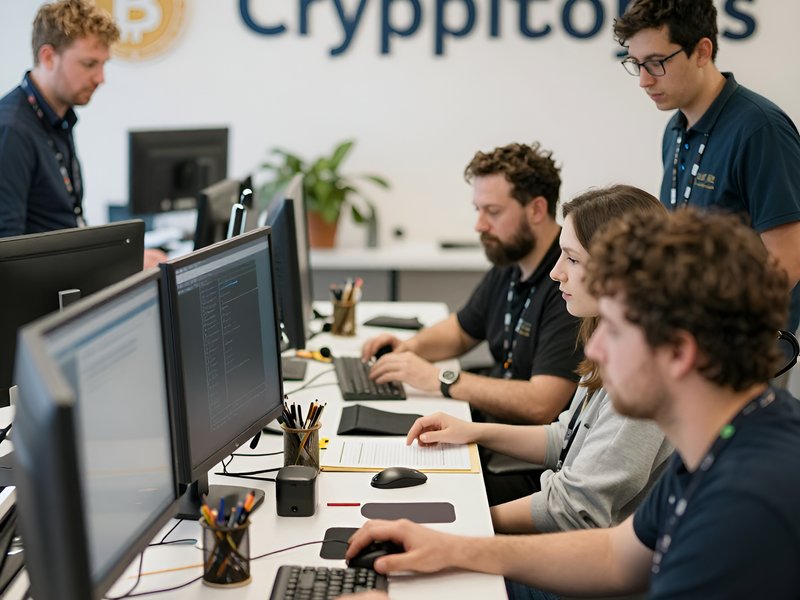 Команда Doption работает над операциями по обмену криптовалют в современном офисе компании