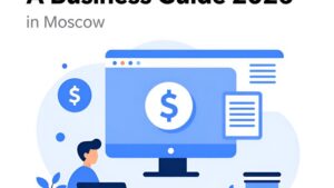 Символы криптовалюты USDT и долларовые купюли на фоне панорамы Москвы для обмена в Doption