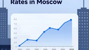 Футуристический график роста курса USDT к доллару на фоне панорамы Москвы от сервиса Doption